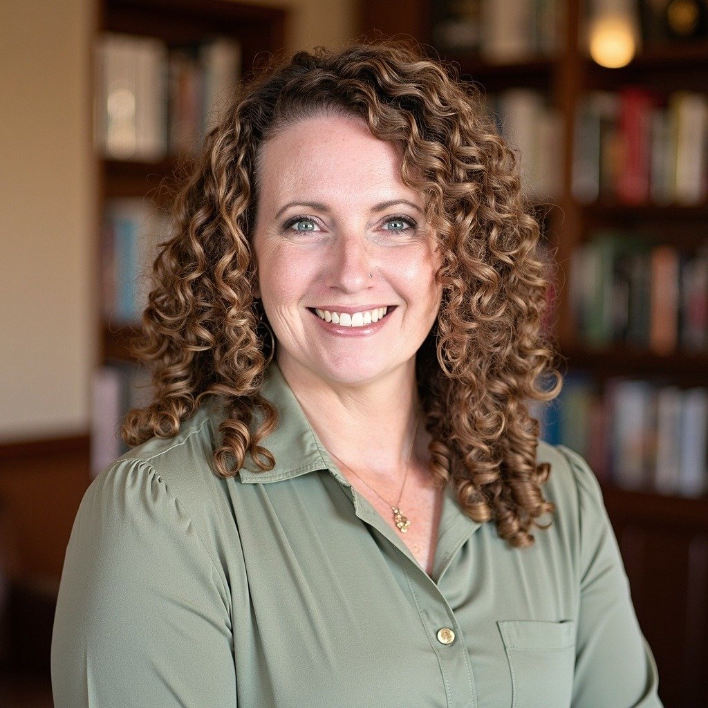 Woman with curly hair, in a green collared shirt with bookshelves in the background